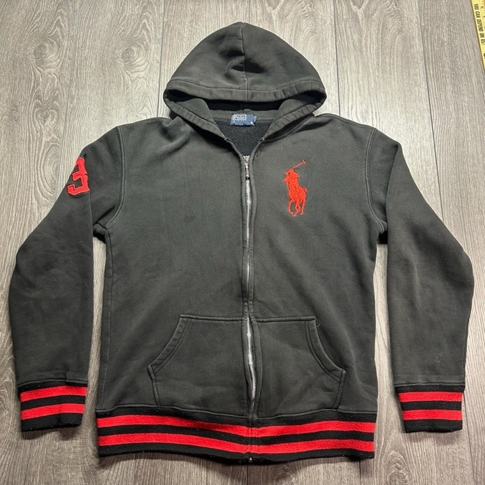 Vintage Polo Ralph Lauren Big Pony Full Zip Hoodie Black Red XL Classic Fit